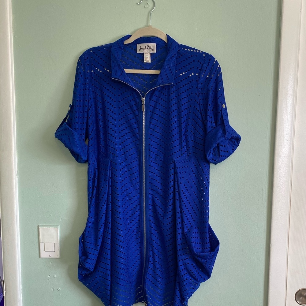 Joseph Ribkoff Size 12 Royal Blue Eyelit Zipper Blouse Cardigan Top